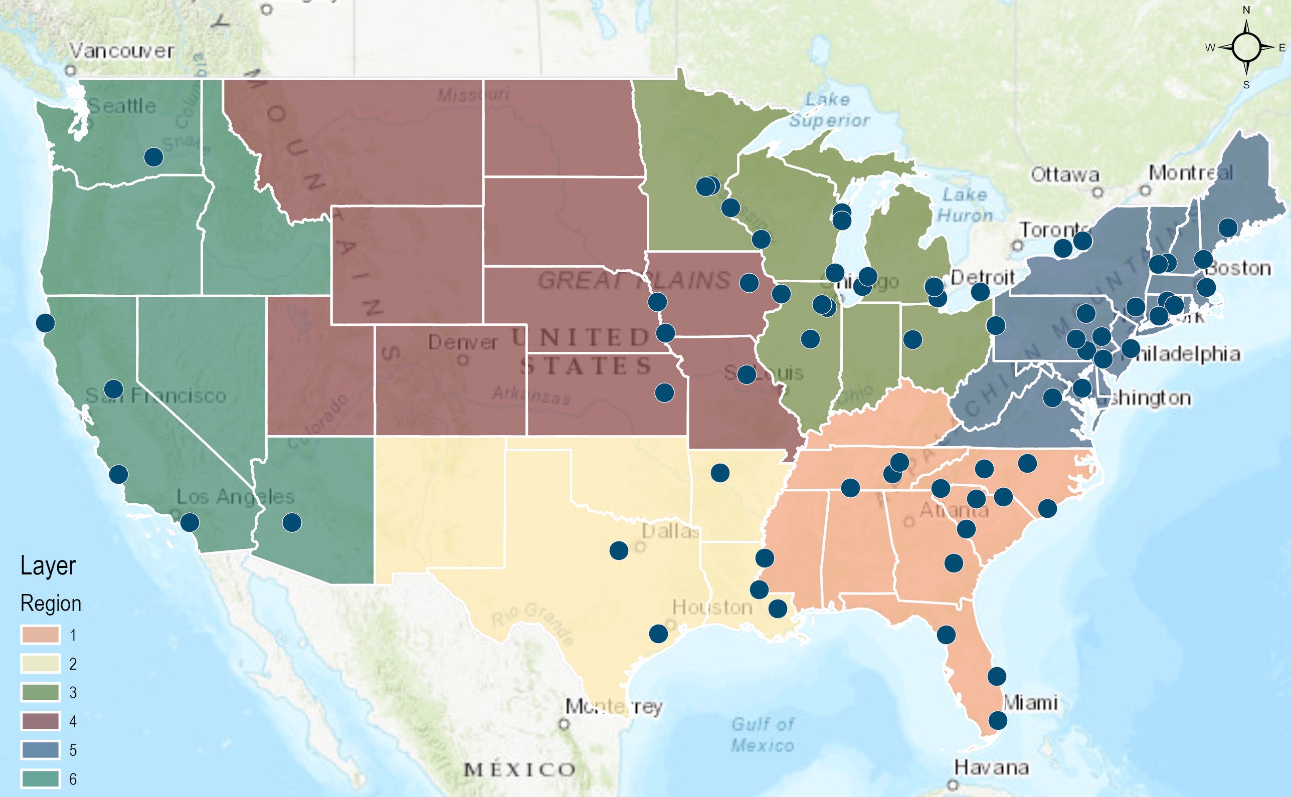 graphic map of the US with the nuclear power plants located with dots