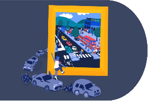 Invest in the rest. Image of a person exiting a sad-looking traffic jam and entering an idyllic image of a street that supports walking, biking, and using public transit.