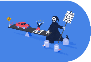 Safety over speed. Image of a grim reaper tipping the scales towards pedestrian fatalities while holding a sign that says speed limit 55.