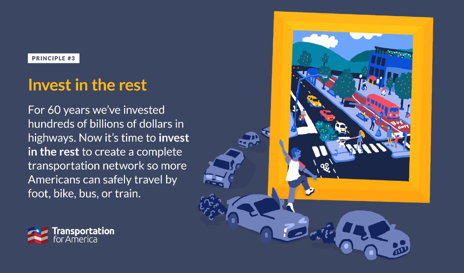 T4A principle number 3: Invest in the rest. Image of a man exiting a sad-looking traffic jam and entering an idyllic picture of a roadway designed for biking, walking, and taking public transit.